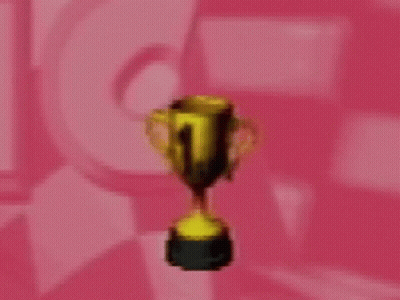 A Gold Trophy With The Number 1 On It Is Floating In The Air On A Pink Background . GIF