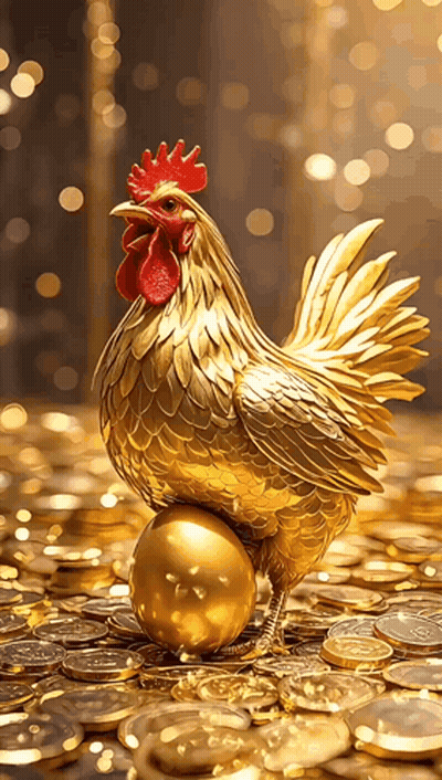 A Golden Rooster Standing On Top Of A Golden Egg In A Pile Of Gold Coins GIF