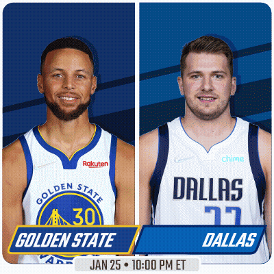 A Golden State Warriors Player And A Dallas Mavericks Player On A Blue Background GIF