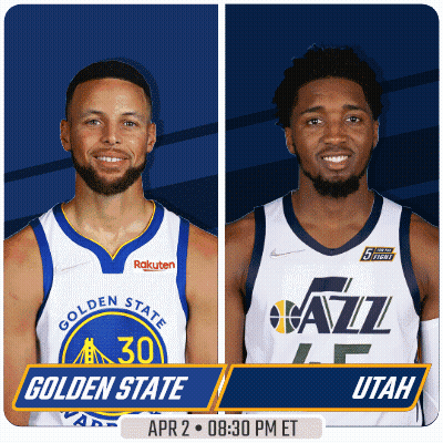 A Golden State Warriors Player And A Jazz Player On A Blue Background GIF