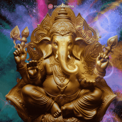 A Golden Statue Of A Deity With A Mahakatha Logo Behind It GIF