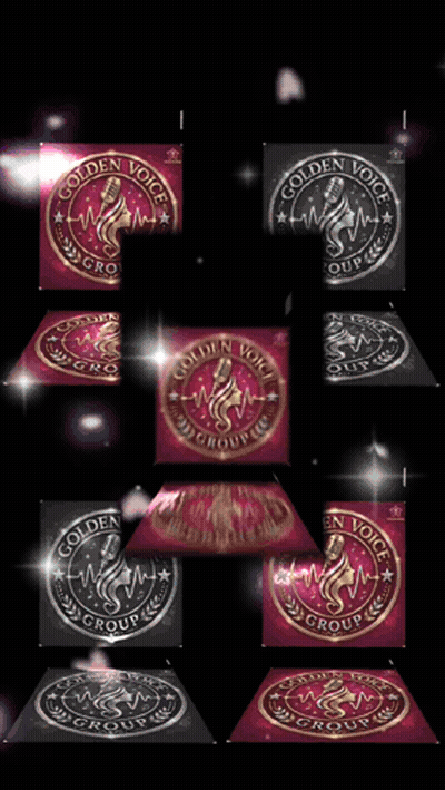 A Golden Voice Group Logo Is Displayed On A Black Background GIF