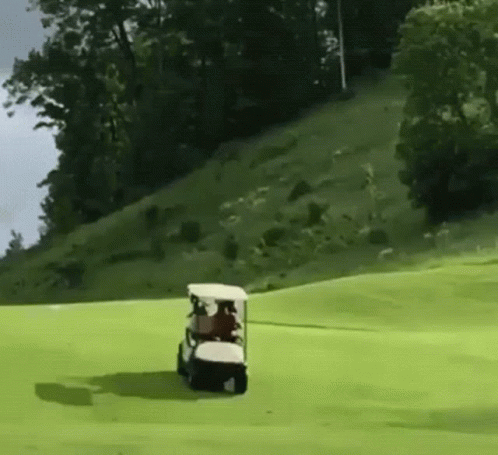 A Golf Cart Is Driving Down A Green Grassy Hill . GIF
