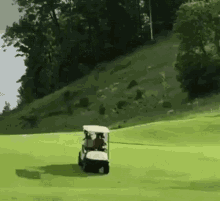 A Golf Cart Is Driving Down A Lush Green Field GIF