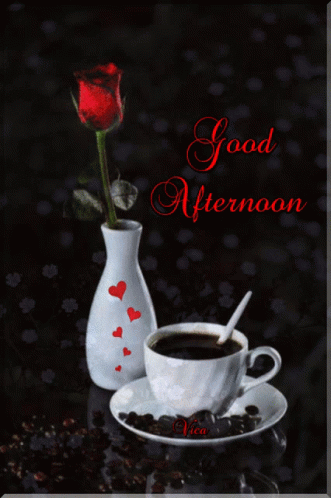 A Good Afternoon Greeting Card With A Cup Of Coffee And A Red Rose In A Vase GIF