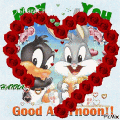 A Good Afternoon Greeting Card With Bugs Bunny And Daffy Duck Surrounded By Roses GIF