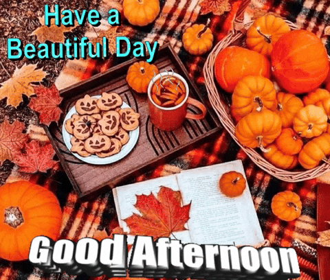 A Good Afternoon Greeting Card With Pumpkins , Leaves , Cookies And A Cup Of Tea GIF