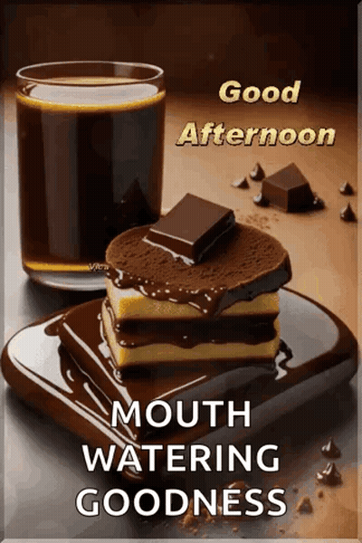 A Good Afternoon Greeting With A Glass Of Coffee And A Piece Of Chocolate Cake GIF