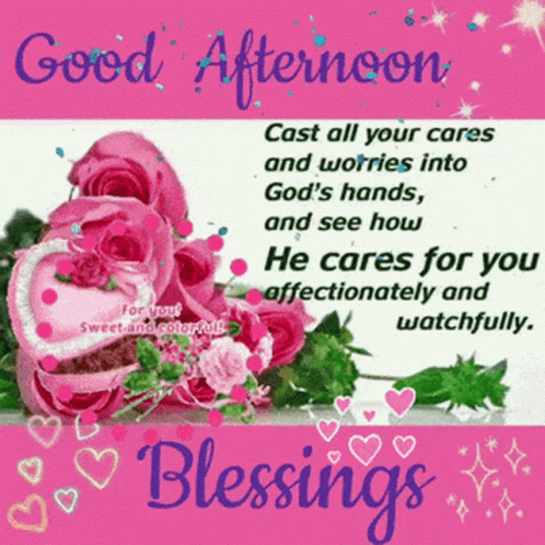 A Good Afternoon Message With A Bouquet Of Pink Roses And Hearts GIF