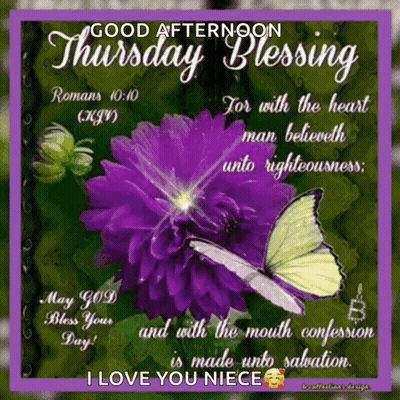 A Good Afternoon Thursday Blessing With Purple Flowers And Butterflies GIF