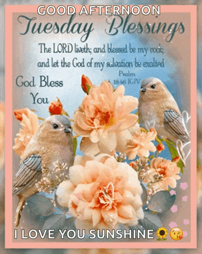 A Good Afternoon Tuesday Blessings Card With Two Birds And Flowers GIF
