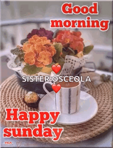 A Good Morning And Happy Sunday Greeting Card With A Cup Of Coffee And Flowers On A Saucer . GIF