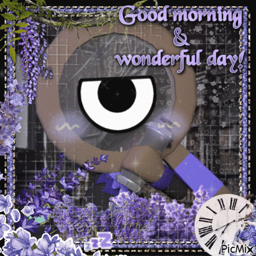 A Good Morning And Wonderful Day Greeting Card With Purple Flowers GIF