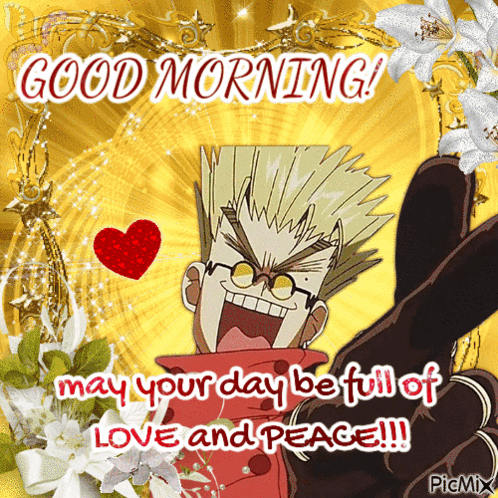 A Good Morning Card With A Cartoon Character And The Words May Your Day Be Full Of Love And Peace !!! GIF