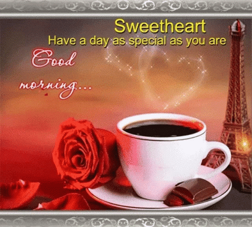 A Good Morning Card With A Cup Of Coffee And Chocolate GIF