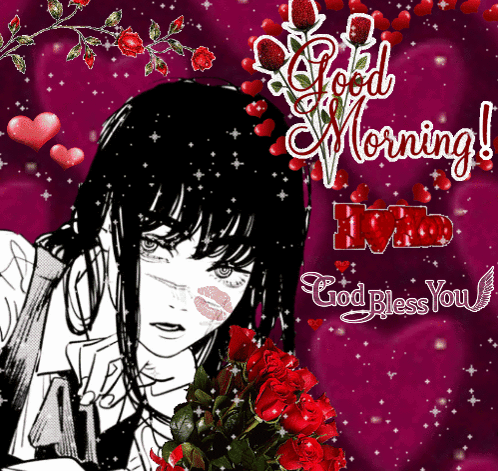 A Good Morning Card With A Girl And Roses GIF
