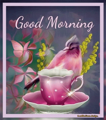 A Good Morning Card With A Pink Cup And Saucer With A Pink Bird On It GIF