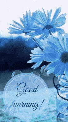 A Good Morning Card With Blue Daisies In A Glass Jar . GIF