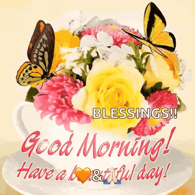 A Good Morning Card With Flowers And Butterflies On It GIF