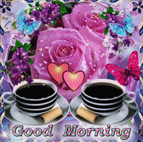 A Good Morning Card With Two Cups Of Coffee And Roses GIF