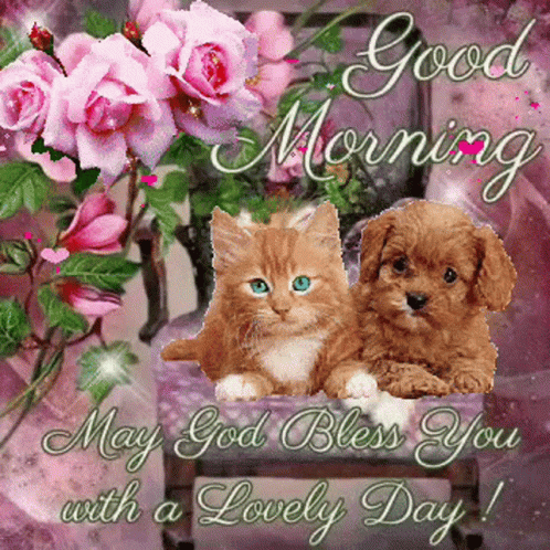 A Good Morning Card With Two Kittens And A Puppy GIF