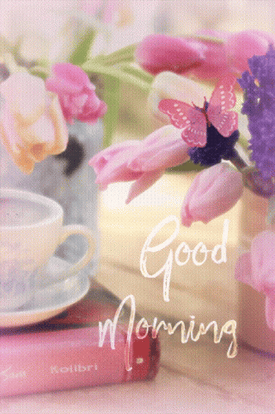 A Good Morning Greeting Card With A Cup Of Coffee And Pink Flowers GIF