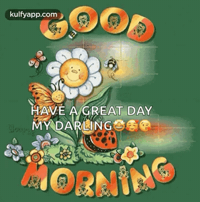 A Good Morning Greeting Card With A Flower , Butterfly , Ladybug And Sun . GIF