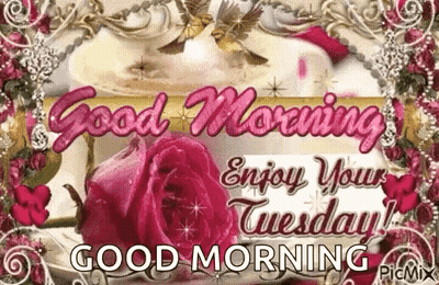 A Good Morning Greeting Card With A Pink Rose And A Cake GIF