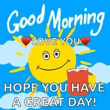 A Good Morning Greeting Card With A Smiling Sun Holding A Cup Of Coffee . GIF