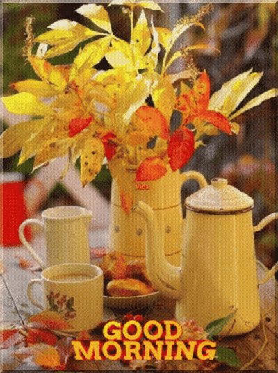 A Good Morning Greeting Card With A Teapot And Cups GIF