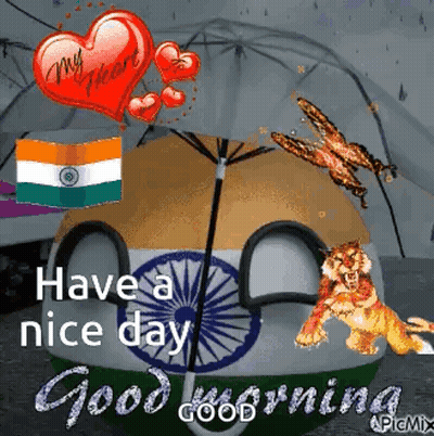 A Good Morning Greeting Card With A Tiger , Flag , Umbrella And A Heart . GIF