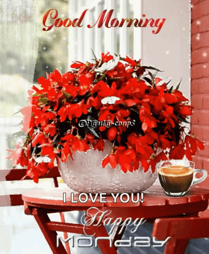 A Good Morning Greeting Card With A Vase Of Red Flowers And A Cup Of Coffee On A Table GIF