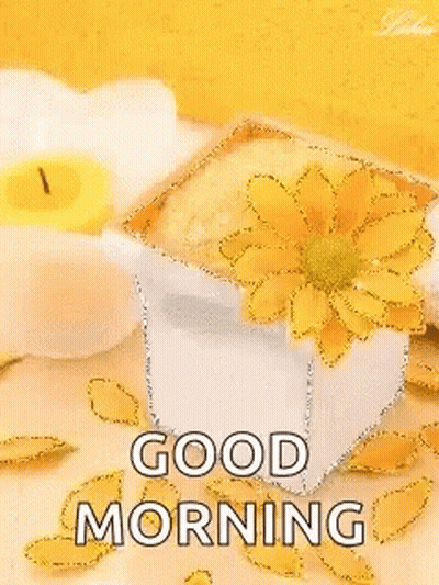 A Good Morning Greeting Card With A Yellow Flower And A Candle GIF