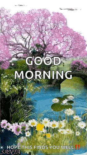 Good Morning Greeting Card With Flowers And Cherry Blossom GIF