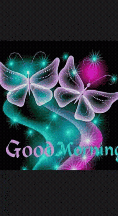 A Good Morning Greeting Card With Glowing Butterflies On A Black Background GIF
