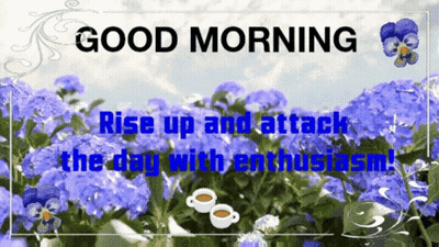 A Good Morning Greeting Card With Purple Flowers And Coffee Cups GIF