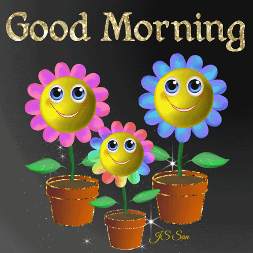 A Good Morning Greeting Card With Smiley Faces On The Flowers GIF