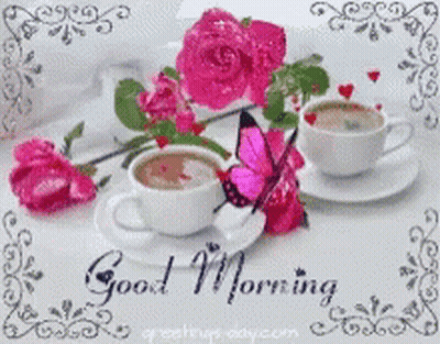 A Good Morning Greeting Card With Two Cups Of Coffee And Roses GIF