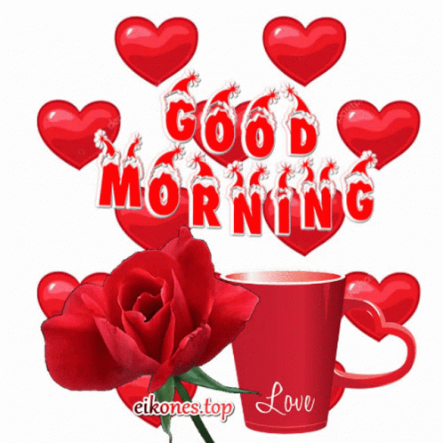 A Good Morning Greeting With A Red Rose And Hearts GIF