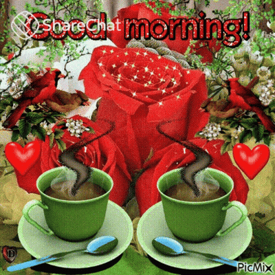A Good Morning Greeting With Two Cups Of Coffee And Red Roses On A Table GIF
