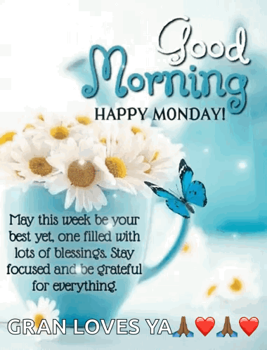 A Good Morning Happy Monday Greeting Card With Flowers And Butterflies GIF