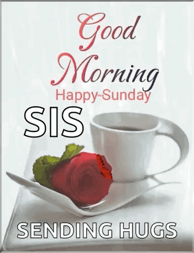 A Good Morning Happy Sunday Sis Sending Hugs With A Cup Of Coffee And A Rose . GIF