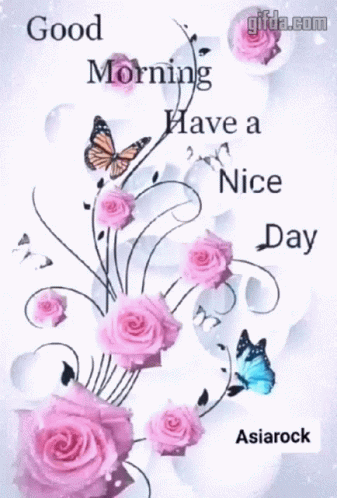 A Good Morning Have A Nice Day Greeting Card With Pink Roses And Butterflies GIF