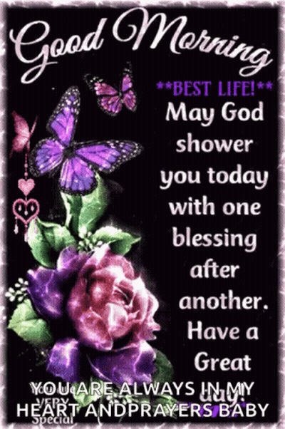 A Good Morning Message With Purple Butterflies And Purple Flowers GIF