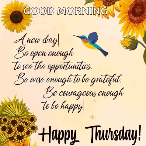 A Good Morning Message With Sunflowers And A Hummingbird GIF