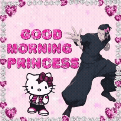 A Good Morning Princess Card With A Hello Kitty And A Man GIF