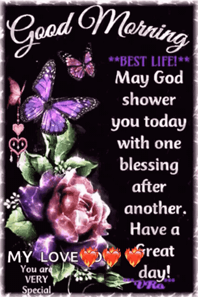 A Good Morning Sign With Purple Butterflies And Flowers GIF