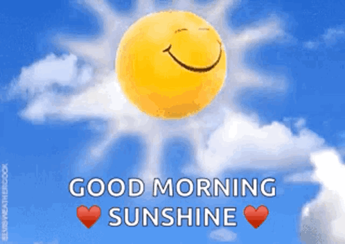 A Good Morning Sunshine Greeting Card With A Smiling Sun And Clouds GIF