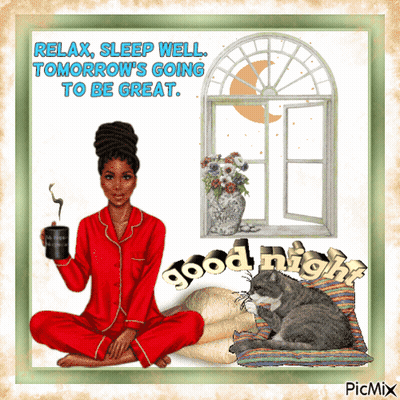 A Good Night Card With A Woman Holding A Cup Of Coffee And A Cat GIF