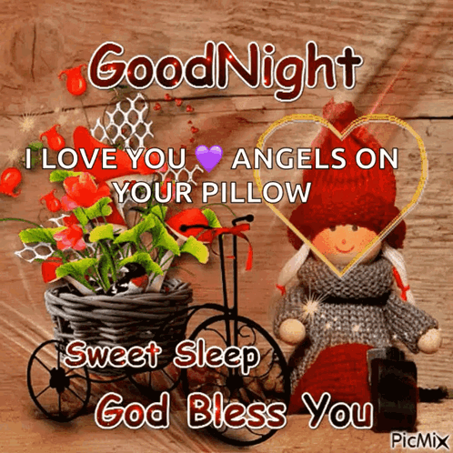 A Good Night Greeting Card With A Doll And A Basket Of Flowers GIF